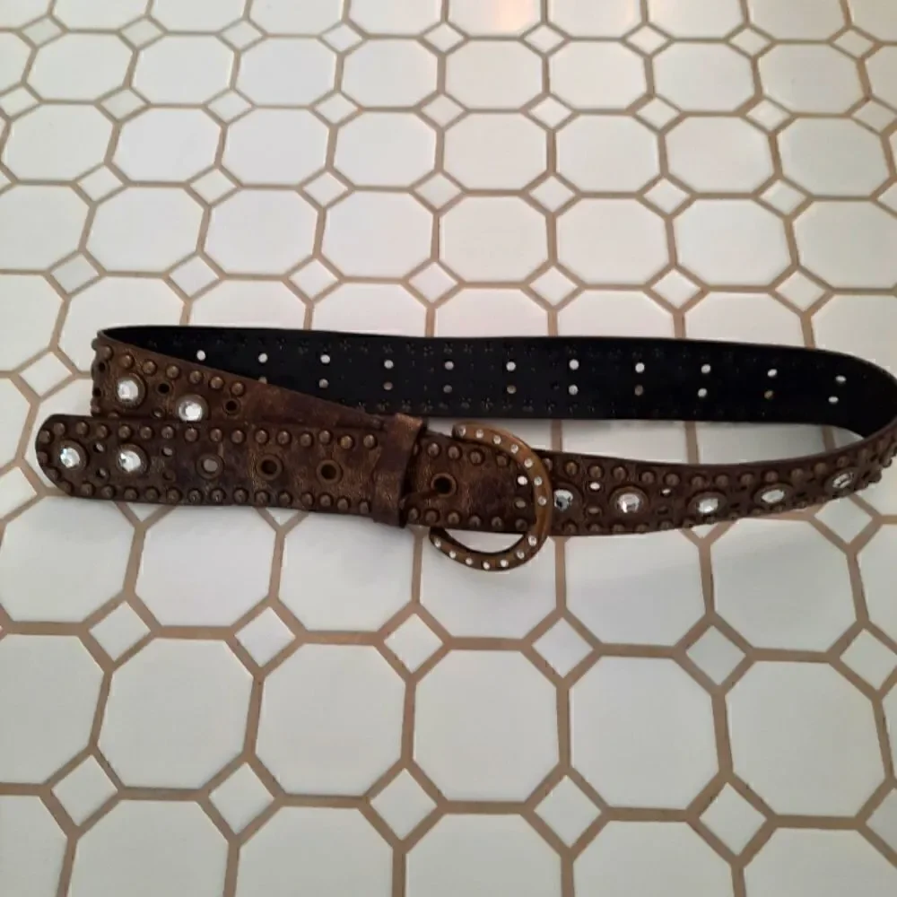 Rolfs Faux Leather Belt Golden Metallic Brown with Rhinestones